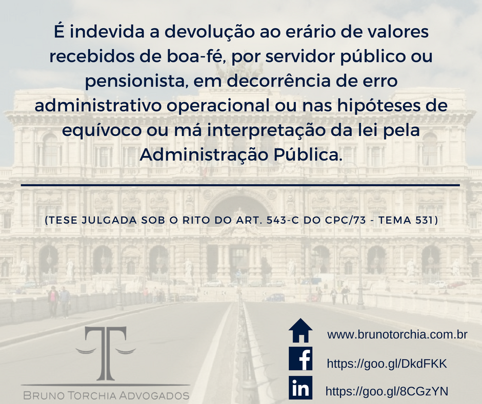 É indevida a devolução ao erário de valores recebidos de boa-fé, por servidor público ou pensionista.