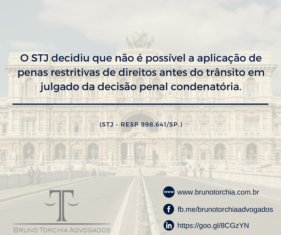 Penas restritivas de direitos só podem ser aplicadas após trânsito em julgado da decisão penal condenatória – RESP 998.641/SP