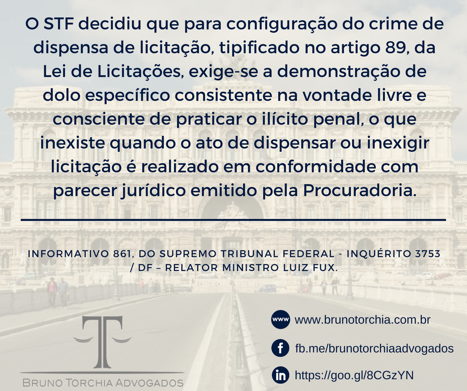 Crime de dispensa irregular de licitação exige dolo específico e não se configura quando a inexigibilidade de licitação segue orientação emanada em parecer jurídico
