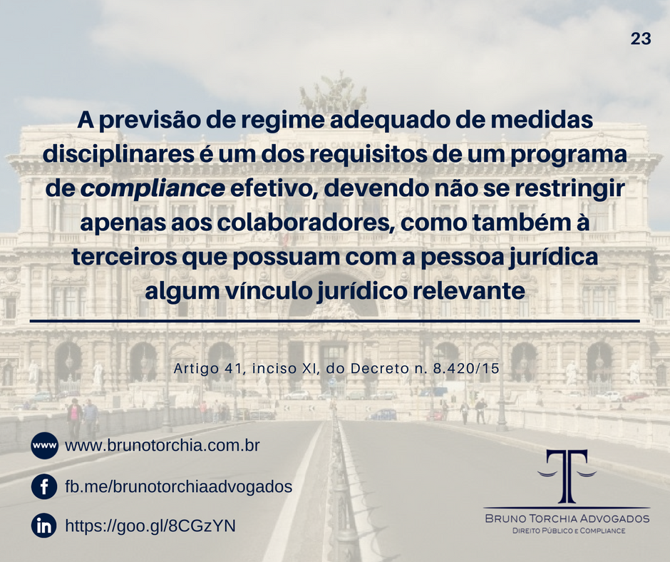 Programa efetivo de Compliance deve conter regime adequado de medidas disciplinares, incluindo terceiros